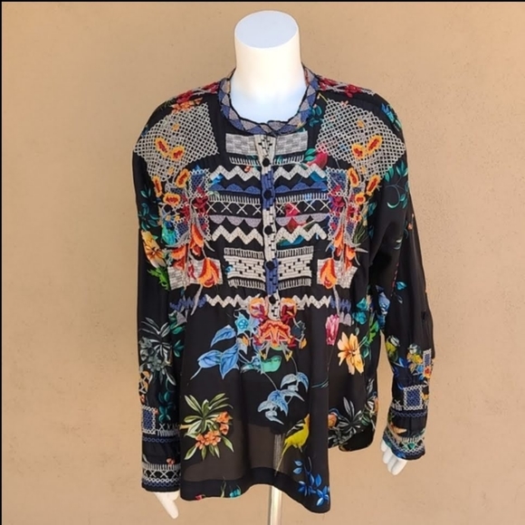 JOHNNY WAS BIYA ANTHRO Veda Embroidered Silk Blouse S M L Shirt Peasant Top Boho - Picture 8 of 15